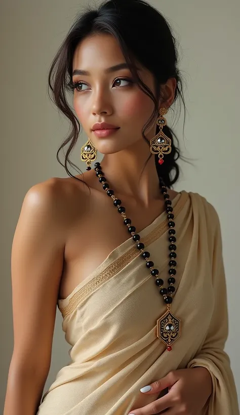 Tall curvaceous lady, light neutral skin tone, lady is wearing traditional saree, lady also adorned necklace is made of gold and black beads. It has a long chain with a pendant in the shape of a square pendant. The pendant is intricately designed with a fl...