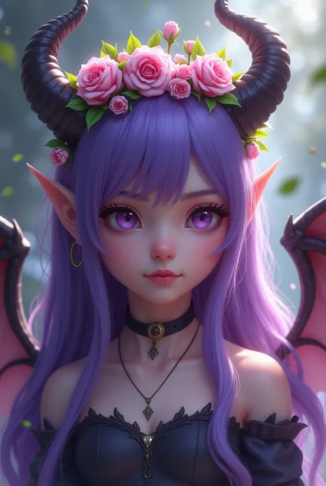 a young girl around the age of five, with long flowing hair violet hair, and a crown of horns not unlike her father but smaller, adorned in roses and petals, with a pair of leathery, demonic wings at her back. Her eyes show cunning 