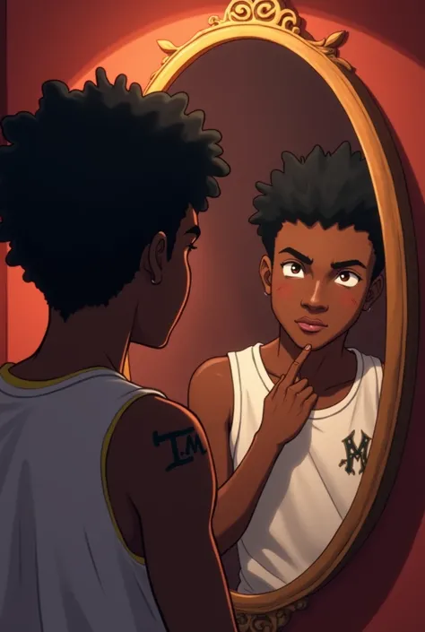 Anime of A picture of a teenage boy staring in a mirror but not seeing himself but a reflection of his friends pointing guns at him behind him teen is chocolate skinned with a tattoo on his hand with the initial T.M written on it the room must be luxurious