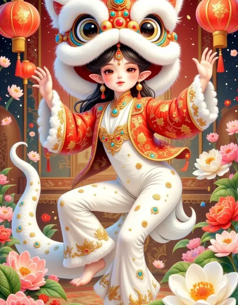 beautiful lion dancing girl，Chinese lion hat， Chinese Year 