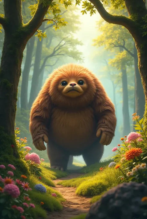 Long brown fur covered giant tardigrade in a sunny forest