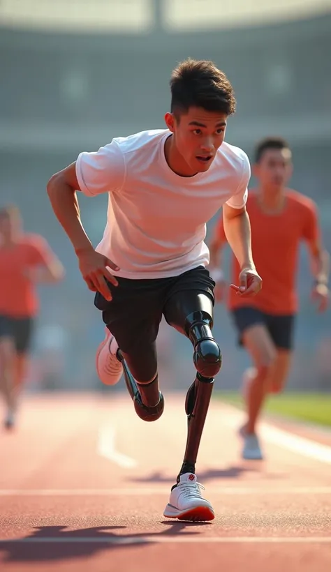 Artificial one leg a young man has 20 years old wear white shirt The moment Tommy trips and falls down during the race 3d