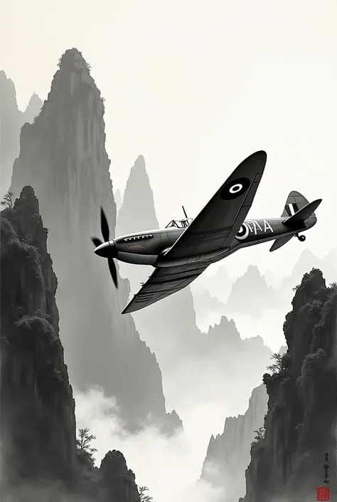 (((Ink Painting)))。Supermarine Spitfire flying over Chinese-style rocky mountains