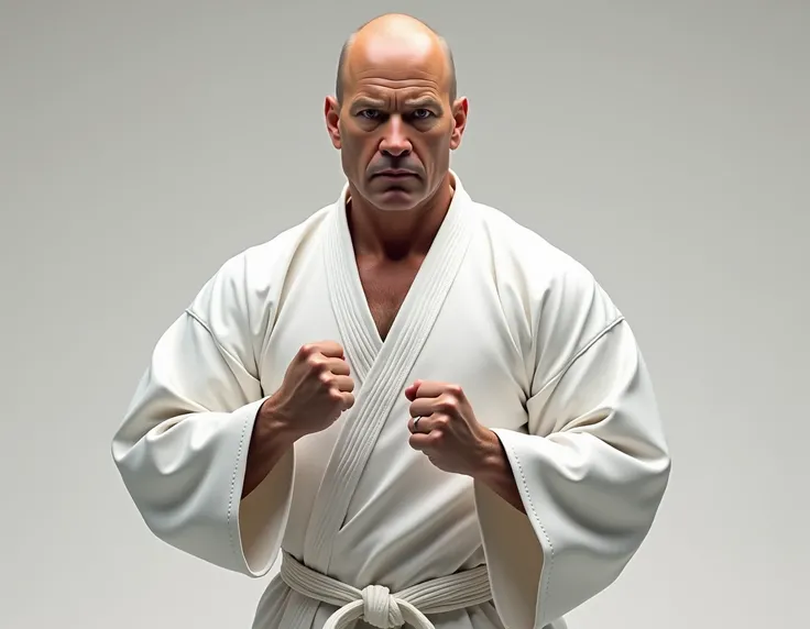 Bruce Willis in a white judogi, in fighting position