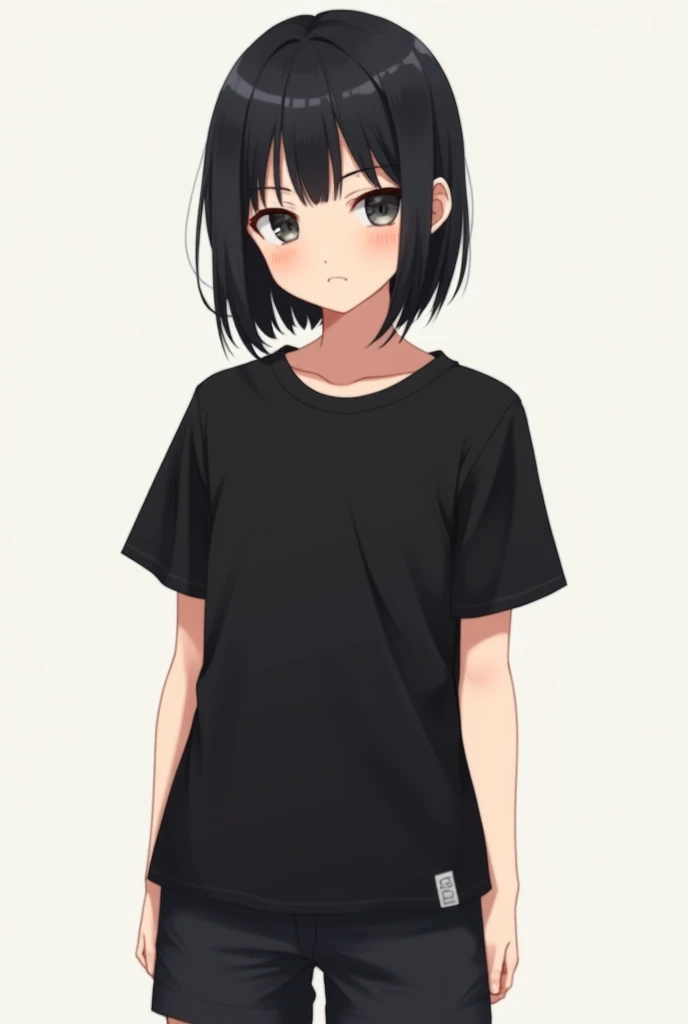 Boy anime black t-shirt black shorts black hair Straight