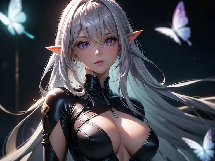 (masterpiece, best quality) detailed, 1Character , blue archive art style , wearing Black bodysuit, silver accents , zip up , futuristic, shiny , Beautiful woman , pale skin , purple eyes ,elegant, regal , pure white hair , pointed ears ,horns, long eyelas...