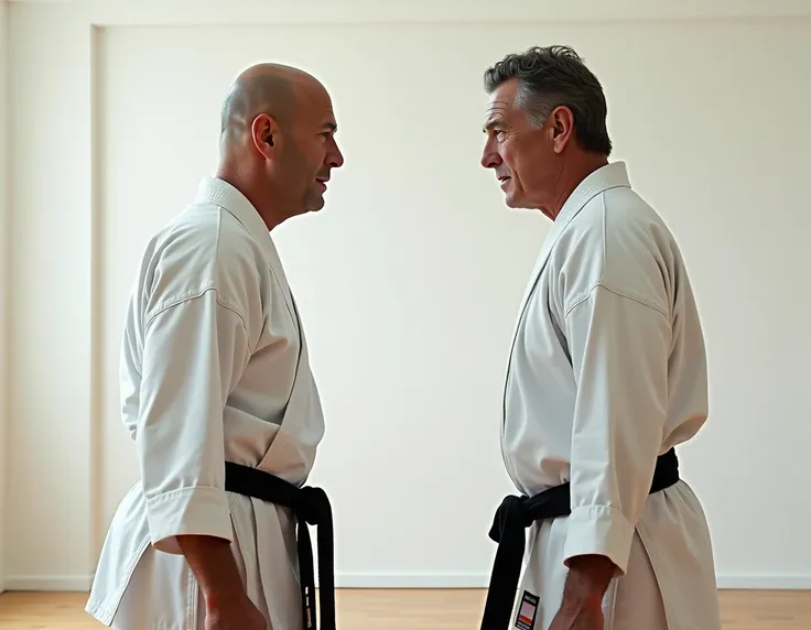  Bruce Willis and Richard Gere face each other in white judogi and black belt, Ready to fight 