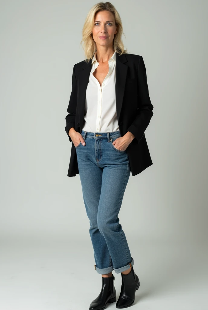 A beautiful woman around 45 years old ,  blonde hair with ponytail,  she is wearing a white blouse, black jacket, Blue Jeans, flat black leather boots,  full body shot 