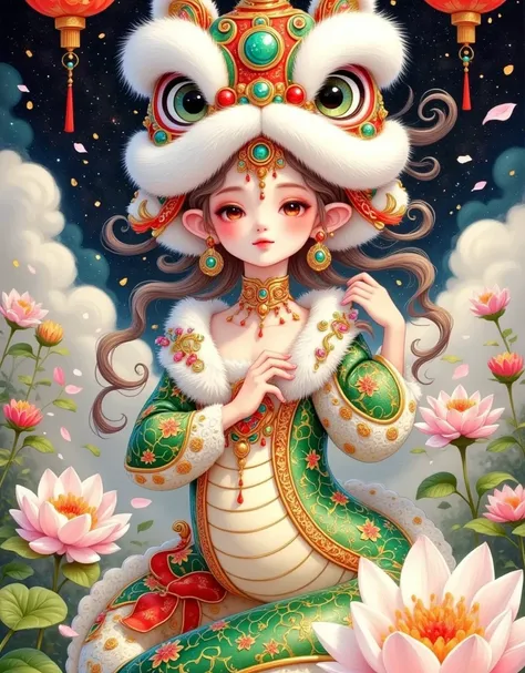 Snake Tail Girl，Chinese lion hat， Chinese Year 