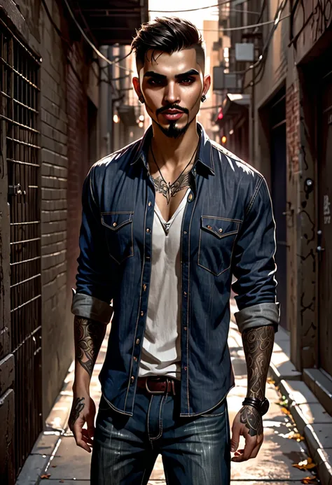 in the style of Charlie Bowater, (UHD),Vampire, Detealized face, Fangs, Man in an alley, Net shirt, Latino, Jeans, Barefoot, Mouth open to bite, brown short hair, small tattoo on face (right cheek), 