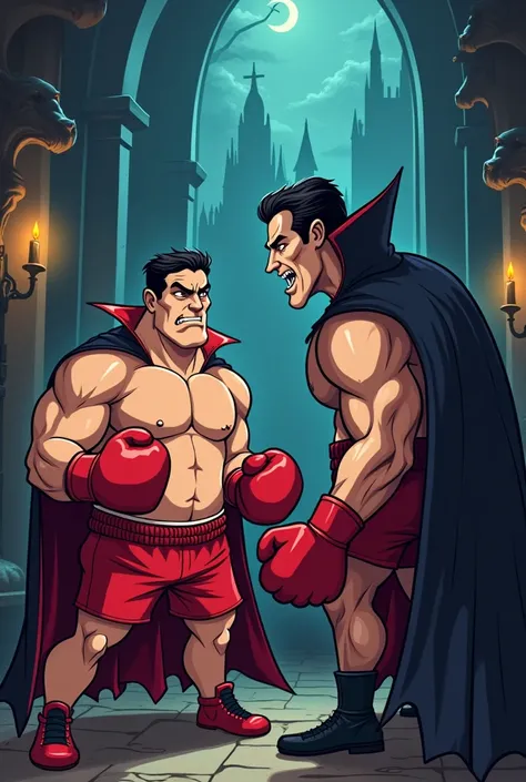 make a boxer make it cartoon then dont big him the his enemy is dracula