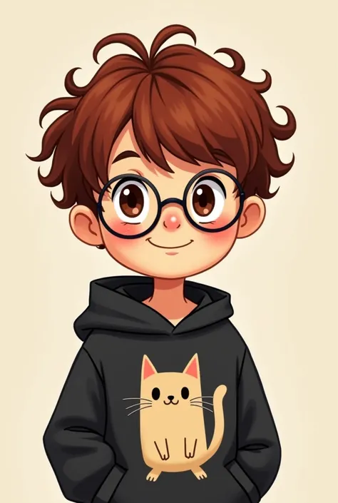  Funny cartoon of innocent indigenous young man  ,  short stature , black sweatshirt with cat image ,, and long red-brown hair with rowdy curlers  ,  Has bangs,  shy smile dark brown small Chinese eyes.  wears lenses.