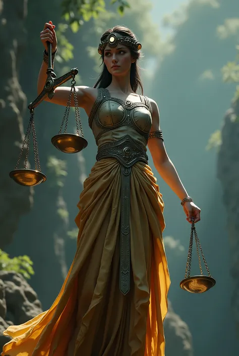 Roman goddess, Libertad, balance scales, glowing eyes, head to breast, advanced legionnaire cybernetics. High Resolution, Masterpiece, Award Winning, Best Quality, High Details, High Quality, UHD, Optical Illusion, Impressionism, Art Deco, Cinematic, Cinem...