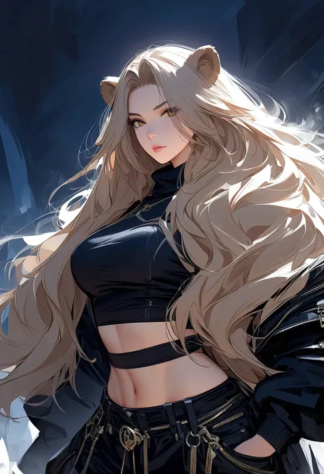 (masterpiece, best quality:1.2), 1 girl, unique, mature woman, lion ears, voluminous lions mane, detailed beautiful eyes, detailed beautiful face, glistening golden eyes, wide arrogant smile, egotistical, creative pose, creative background, black long slee...