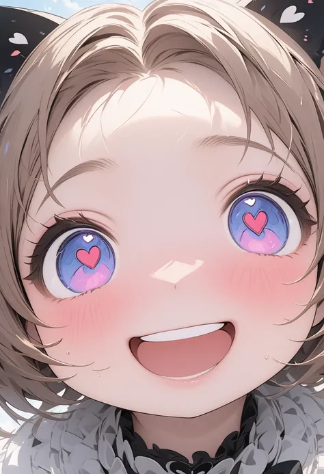 close-up of face, cute chibi girl in love for the first time, pupils are heart-shaped, panic expression, happy, embarrassed and happy expressions, heart is pounding, about to faint, ultra detailed, absolutely resolution, masterpiece