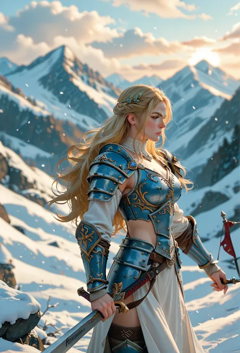 long blonde hair, white skin, warrior princess, wearing blue armor, holding long sword, and viking warrior wearing broken armor, holding axe, surround by horde of orc, in snowy mountain at sunset.