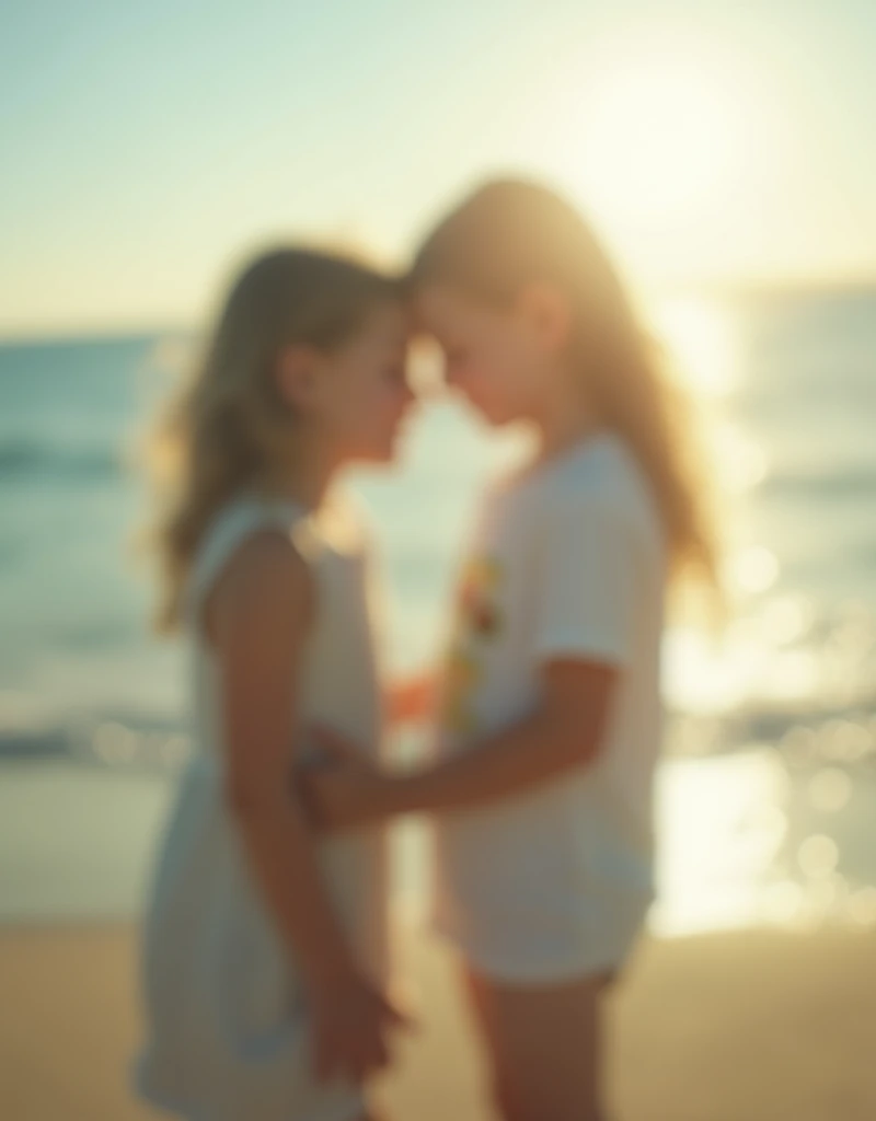 A blurry image of a young ghostly boy and girl huddled together, holding hands and smiling, Standing on the beach with the sea in view, dream-like, blurry photography, blurry focus, blurry, unfocused, exposure time: 1/160, pinhole analog photo quality, sun...