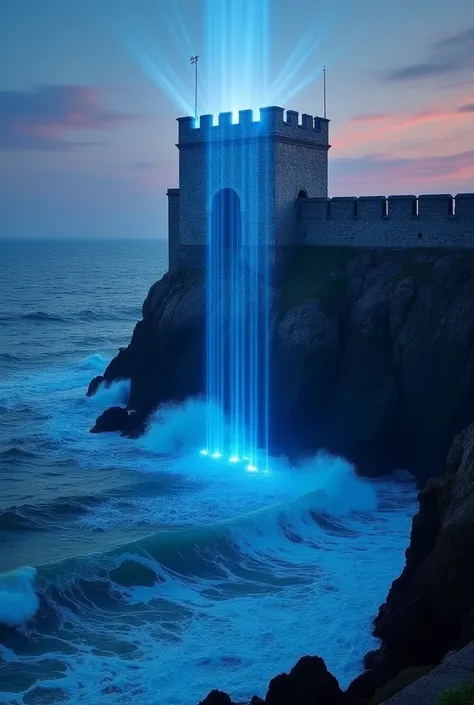  shelter of Belém fortress .  A powerful stone fortress stands on a cliff overlooking the roaring sea. A protective ,  translucent barrier of blue light envelops the fortress ,  while waves break on the rock .  The sky is bathed in twilight colors .