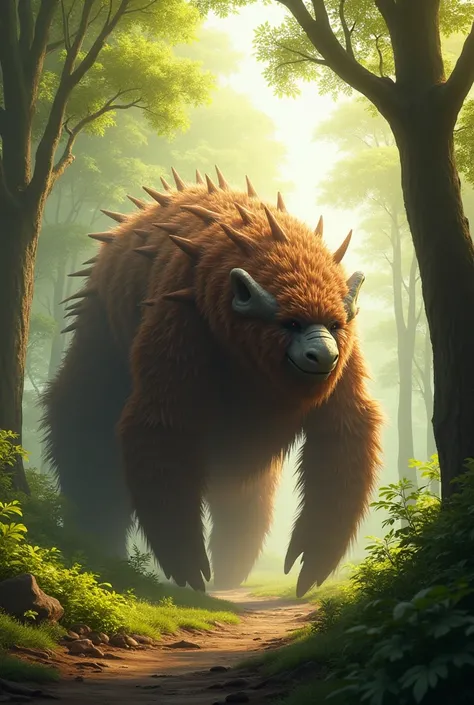 Long brown fur covered giant tardigrade in a sunny forest on all fours, side view, tardigrade, tardigrade, fur covered tardigrade 