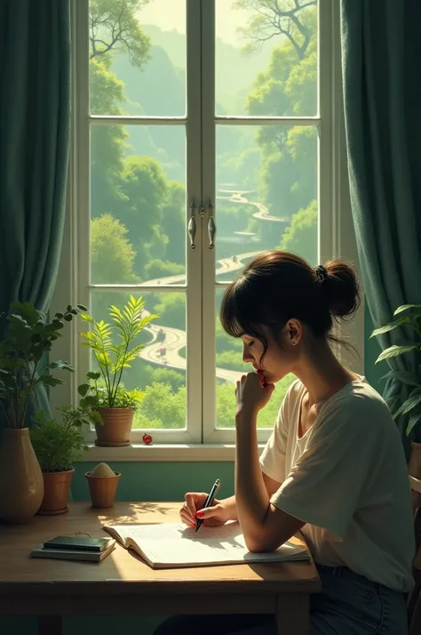 a woman sitting with paper and pen in her hand in front of her has a window with the image of paths