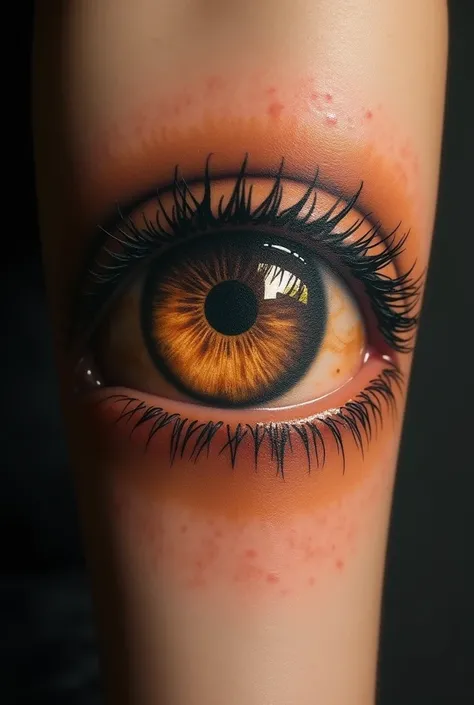 tattoo of a realistic honey-colored eye that reflects the arc and date of Sagittarius in the iris