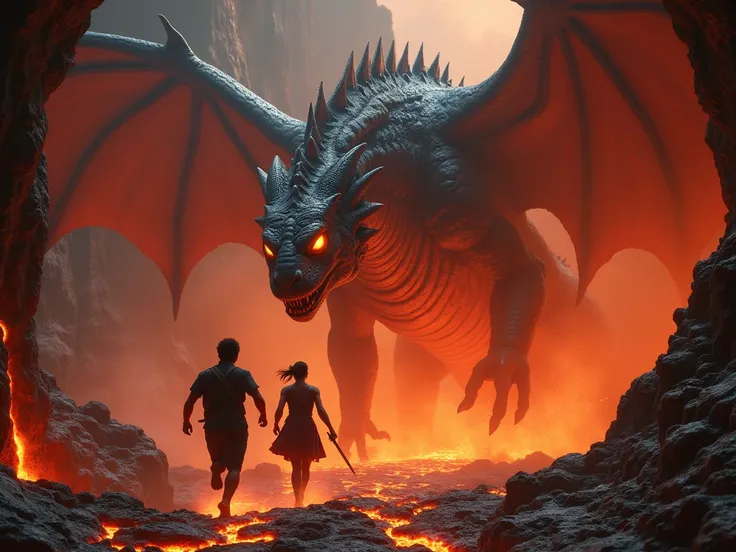 A colossal dragon with obsidian scales and fiery orange eyes emerges from a volcanic cave, its wings spread wide and fire erupting from its nostrils. In the foreground, Veer and Maya sprint away, Veer holding the glowing map tightly while Maya clutches her...