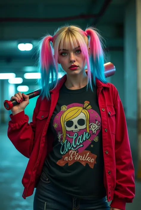 "Create a high-quality image of a vibrant, edgy woman inspired by the style of the image. She has blonde hair styled into pigtails, with colorful tips in shades of pink and blue. She wears a bold outfit featuring a graphic t-shirt with a mischievous design...