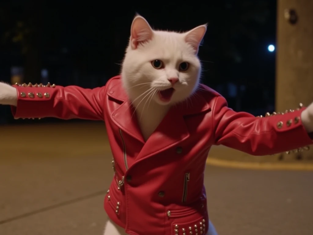 (((Michael Jackson ・Thriller　 the １scene)))、(((All the cast are cats )))、( performing on the street at night ）、（ the cat cast wears costumes and performs in a musical style）、（ main cast in the promotional video is equipped with a red leather jacket with st...