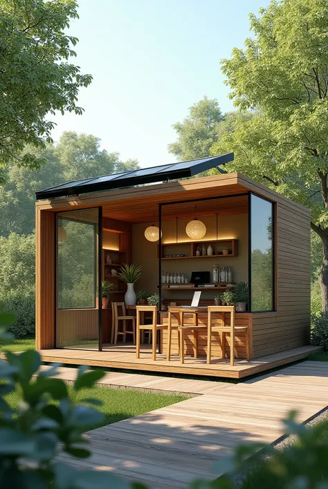 (photorealism:1.2), sustainable kiosk, 12m2, with solar panels and glass plus siding(floorboards)