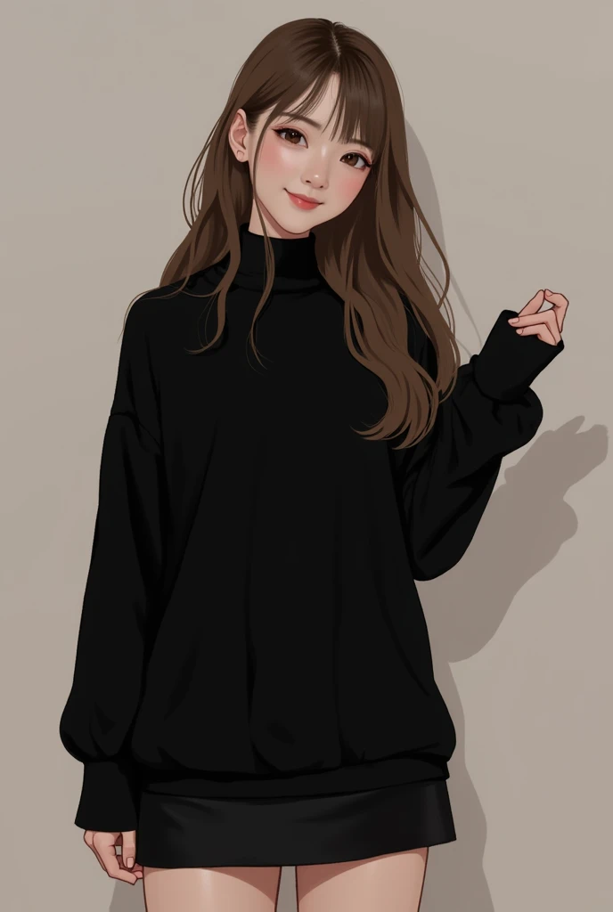          Asian Style、 Korean Style Idol 、 1 cute girl ,           my hair is long      、      my hem is wavy      、   My hair is parted in the middle      、  Im wearing a black high neck sweater  ,     Im wearing a black miniskirt 、 long hair, smile,     t...