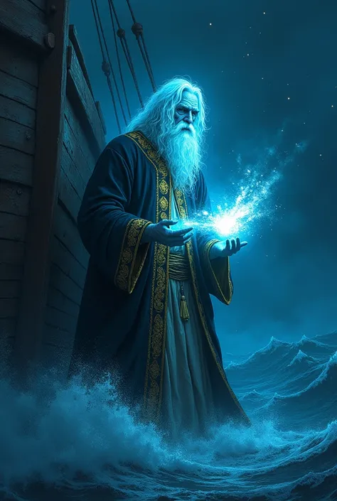  A shimmering spirit in traditional Portuguese clothing ( long robes and a coat with gold embroidery )  rises from an old ship hull . He glows in a mystical blue ,  while he amplifies a monster with his light .  The background shows a dark ,  stormy night ...