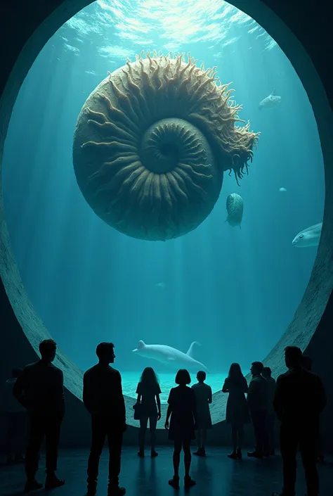 People watching giant Nautilus from underwater aquarium