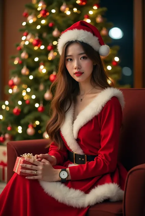 Full original photo of a beautiful woman from Korea, slim body, slightly slanted eyes, photo near the Christmas tree while sitting on a maroon sofa, dressed up like Santa Claus with long, slightly blonde hair and wearing a Santa hat, brown eyes, dark brown...