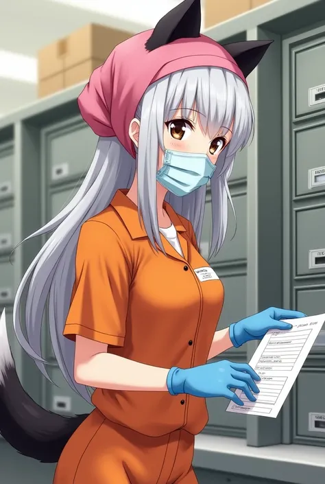 adult prisoner female, silver long hair , black collie ears, black collie tail, No human ears, brown eyes, orange prison jumpsuit, Pink headscarf, White mask, blue rubber gloves, She works sorting letters in the sorting room, Mailbox, Parcel shelf, daytime...