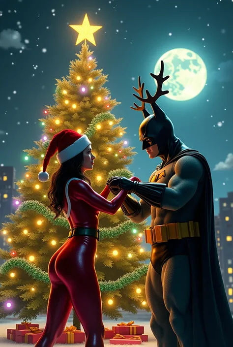 Draw Hero Catwoman and Batman wearing Christmas costumes decorate Christmas tree at night