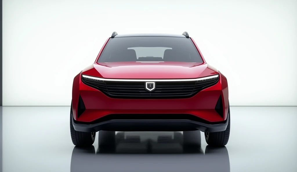 1. Front Angle

"Create a realistic image of the Mahindra BE 09, a futuristic electric SUV, showcased in a luxury showroom with a glossy white background. The car should be in bold red color with sleek LED lighting. Capture the car from the front angle, hi...