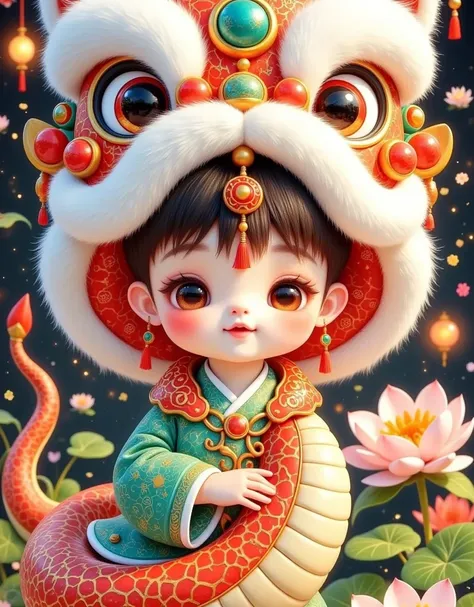 Beautiful Boy，Chinese lion hat，A snakes tail in the back， Chinese Year 