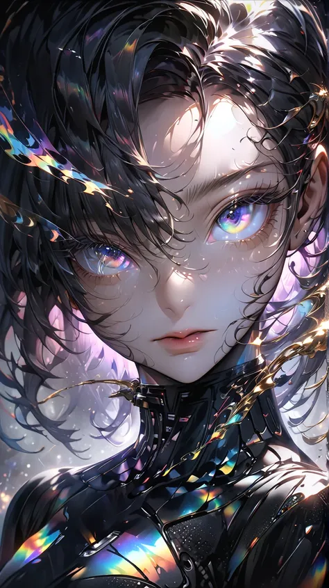 (black hole on one eye), Mature beautiful girl, 1girl, alone, (anatomically accurate depiction), (detailed face), (beautiful face), (perfect face), swirling, milky way, weightlessness, Absurd aesthetics, BREAK Holographic, Amazing Iridescent Colors, Cyber,...