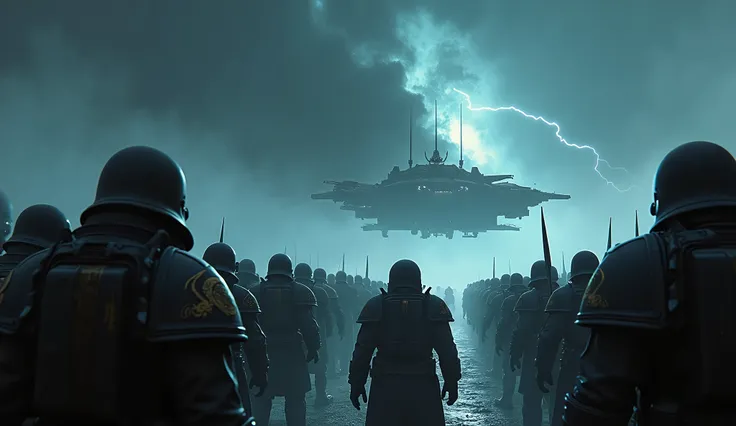 Facing the Darkness"** Warhammer Scene:** A looming threat in space, such as a chaotic warp storm or a menacing xenos fleet. - **Action:** The camera zooms in on the Imperiums fleets and armies preparing for battle, with commanders strategizing and soldier...