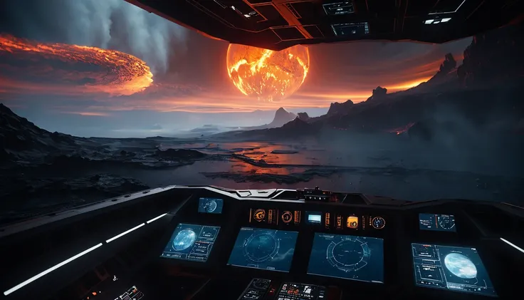 A photo-realistic, ultra-realistic, and cinematic first-person view from inside a spaceship with a sleek, angular design, flying above the surface of a volcanic planet. The interior of the spaceship is highly detailed, with a modern, high-tech dashboard fe...