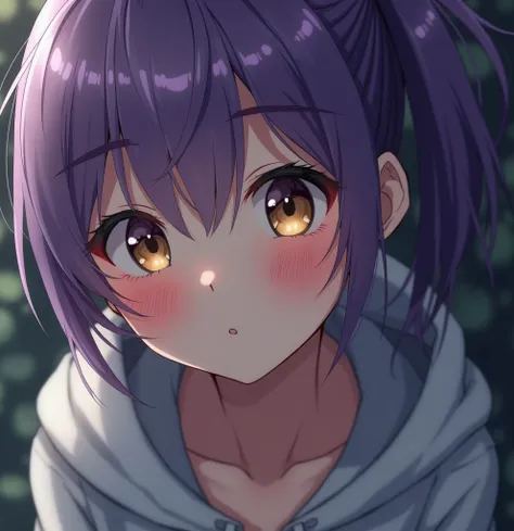 bird eye shot. she is blush ,shy. she is puple hair, side ponytail ,half-closed eyes, gold eyes. close up. close to her, closely attached to her. Hooded sweatshirt.