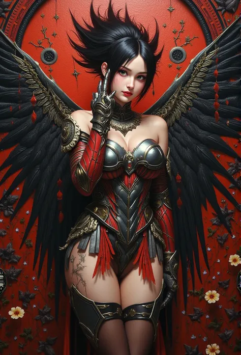 em tinta óleo mil traços perfeito foto realidade super real beautiful detailed skin, intricate details, ultra detailed, (woman ANGEL : armor), SHARINGAN eyes, BLACK AND FIRE hair ESPETADO COM GEL, (worried face:1.2), eye contact, standing in front of black...