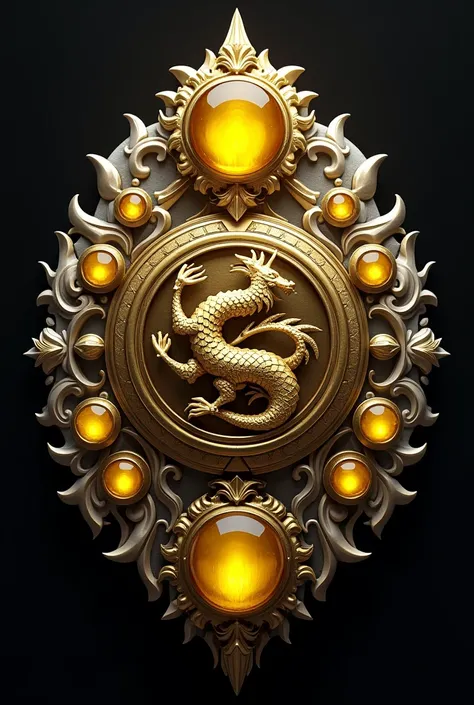 The white and gold badge ， is decorated with golden dragon scales and elegant lemon stones，It says