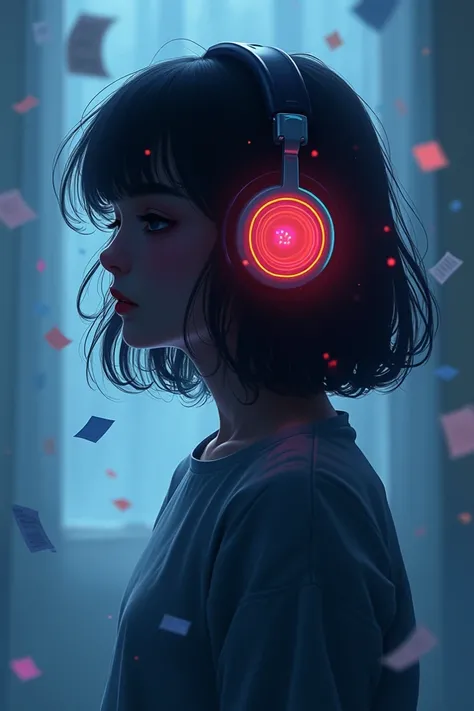  Create a picture with a girl ,  that can only be seen as a shadow .  You can only see them from behind , Up to the hips .
she has shoulder-length,  wavy hair and wearing headphones, The colorful glows.
 Notes floating around the headphones .