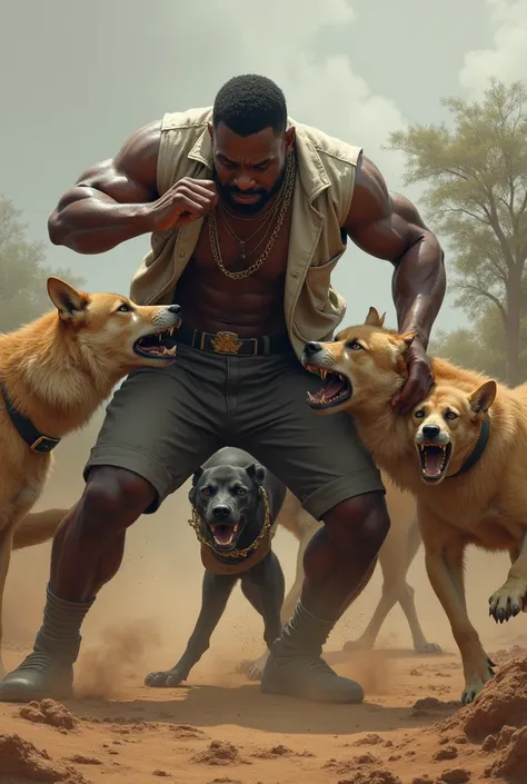 A black man being assaulted by a white man 
With several dogs in Africa 