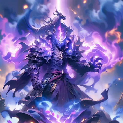  top quality, masterpiece,  super high resolution , (Photo realistic:1.4),  Dark Soul Boss ,White Dragon Knight、Purple Aura、purple smoke