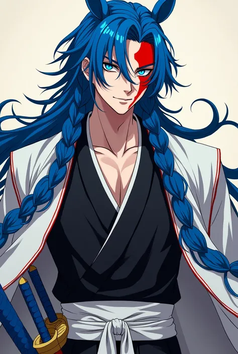 a light-skinned man,  long blue-Royals hair with horse braids , a huge dark red demon hunter mark on the right side of the face and Royals blue eyes of the same hair color.  He wears a black demon hunter uniform ,  a white haori with red line borders ,  wh...