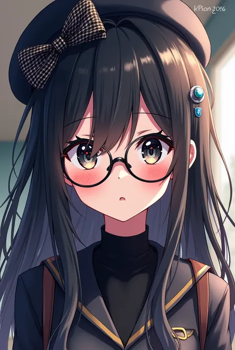 Make an image of an anime girl with long black hair with messy bangs with black eyes with white heart pupils wearing a beret hat with a black and white plaid bow and a Googles in a school outfit cropped with a bodysuit and blushed with black glasses