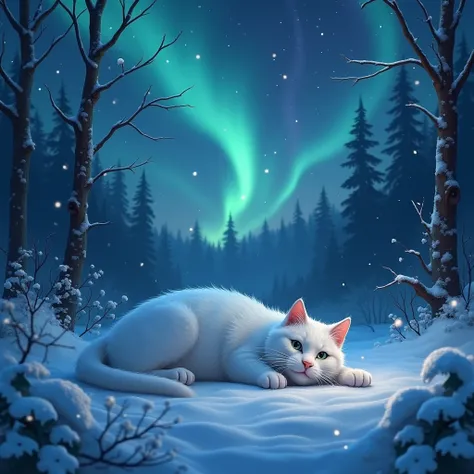 On a snowy, starry night, in a magical forest, a cat with an injured minds eye lay helpless.The snow cat was covered in snow.And the northern lights were shining in the sky