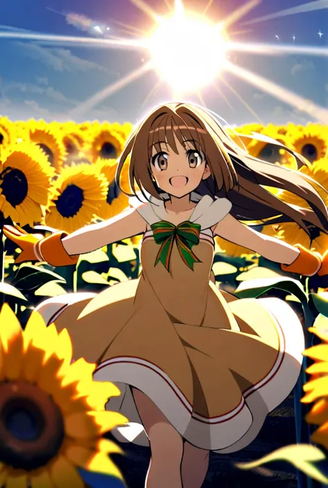 1girl, Fusionist (phantom brave),  brown hair, light brown hair, light brown eyes, Googles, orange christmas gloves, long hair, small breasts, happy smile,  dancing in a sunflower field, sun, sun rays, open arms,  light yellow dress, brown dress